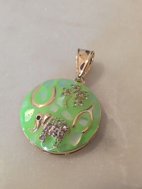 18k gold filled pendant With Green Enamel With Crystal Accents & Elephant